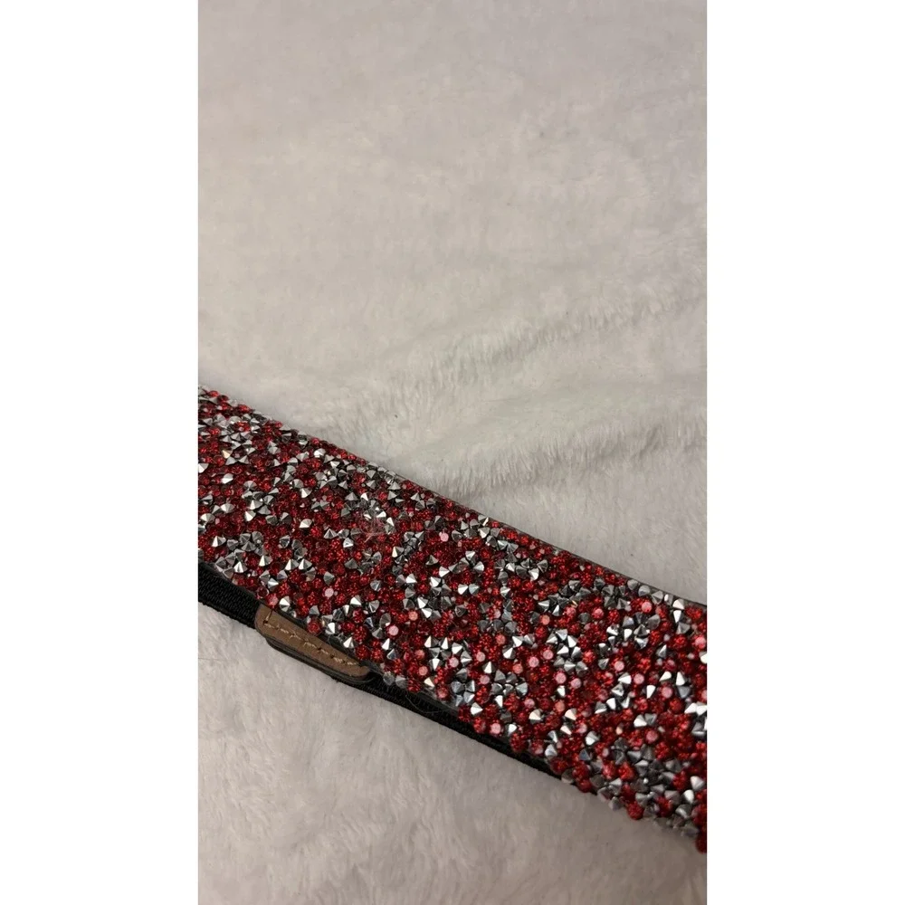 Red & Silver Rhinestone Wide Elastic Cinch Waist Belt Sparkly Crystal Stretchy